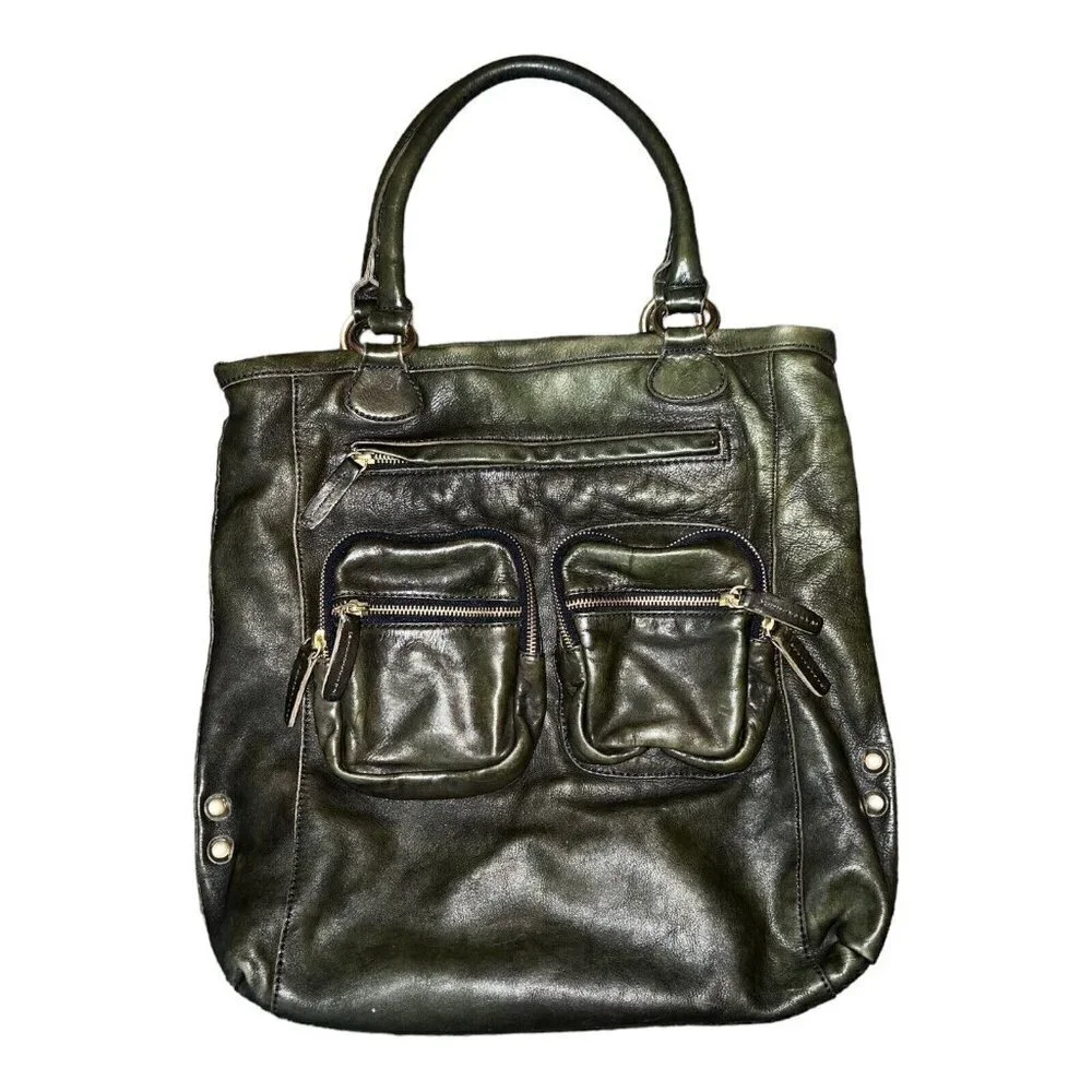 J. CREW Leather Jericho Large Olive Soft Leather Boho Tote Bag Purse Top Handle
